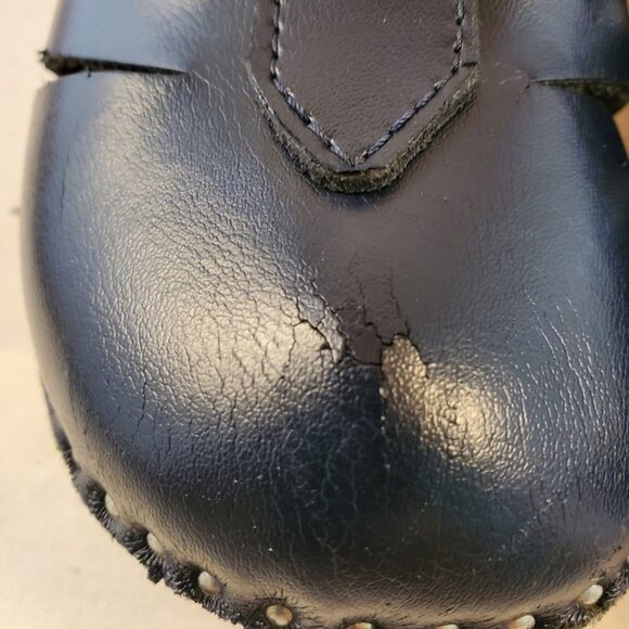 Troentorp Swedish Leather Clogs Navy Cut-Out Wood Sole Sandals Size 36 - Picture 11 of 11